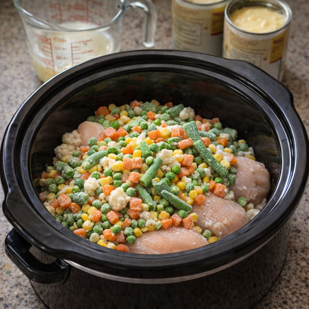 Frozen vegetables layered over chicken in a slow cooker