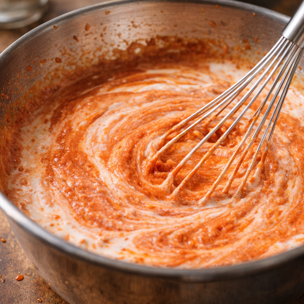 Cream and marinara being whisked into a smooth sauce