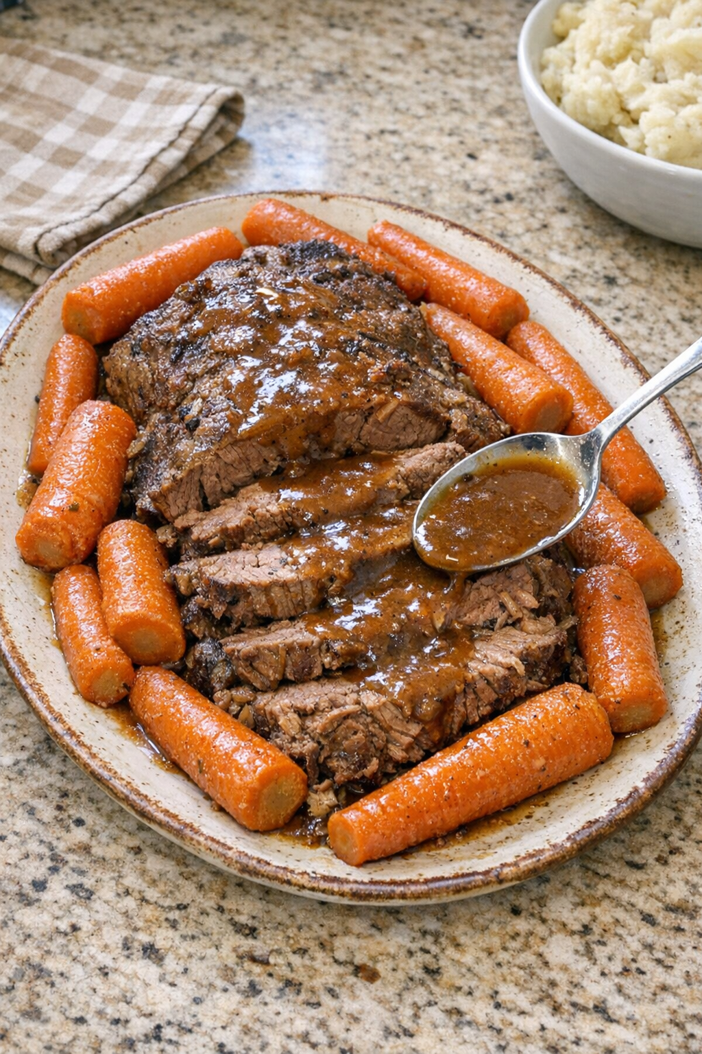 Finished beef roast with whole carrots on a serving platter