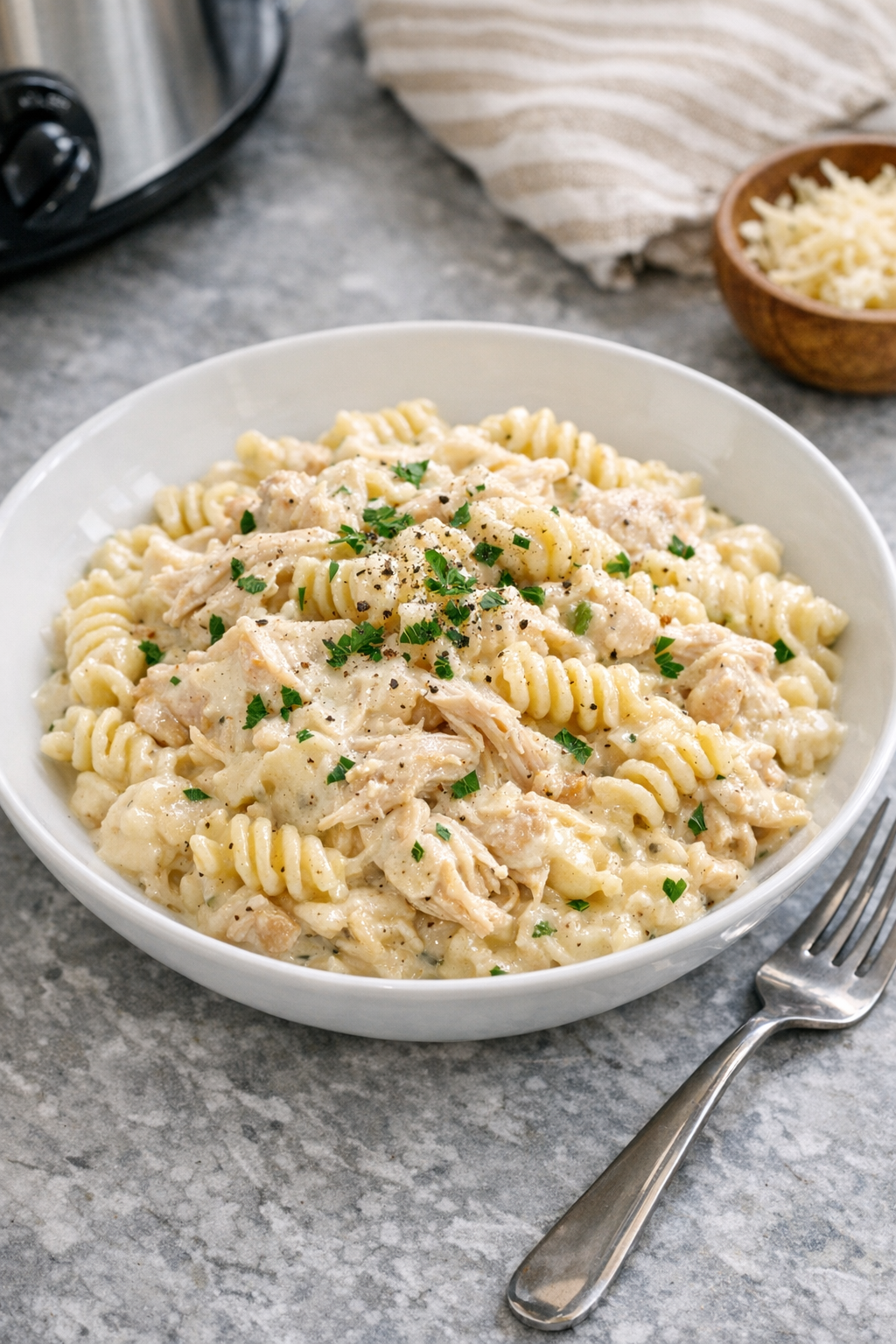 Finished creamy chicken potato pasta plated in a shallow bowl