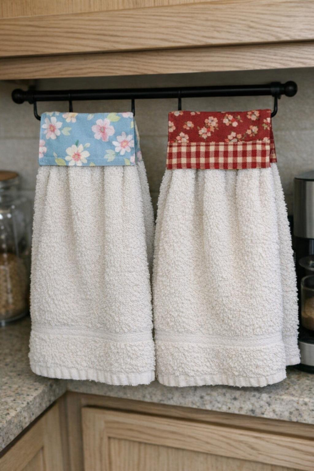 Kitchen towels remade from a bath towel with cotton trim
