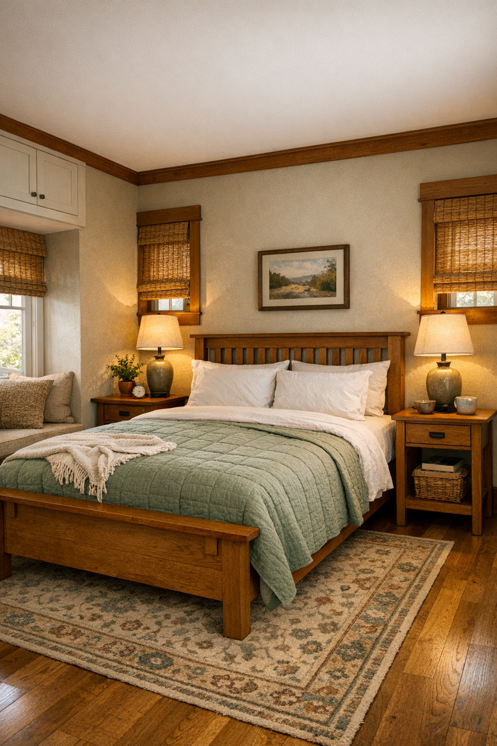 Peaceful small bedroom with sage textiles, wood furniture, and soft lighting