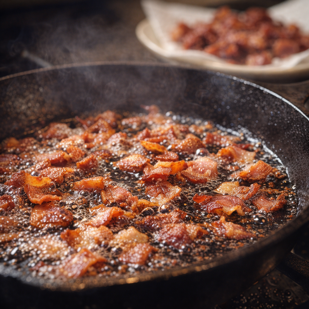 Crisp bacon cooking in a skillet