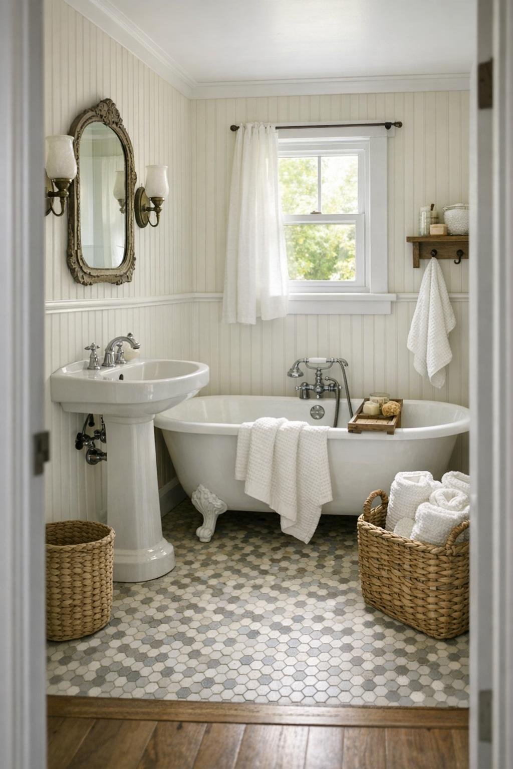 Small cottage bathroom with a claw-foot tub and beadboard walls