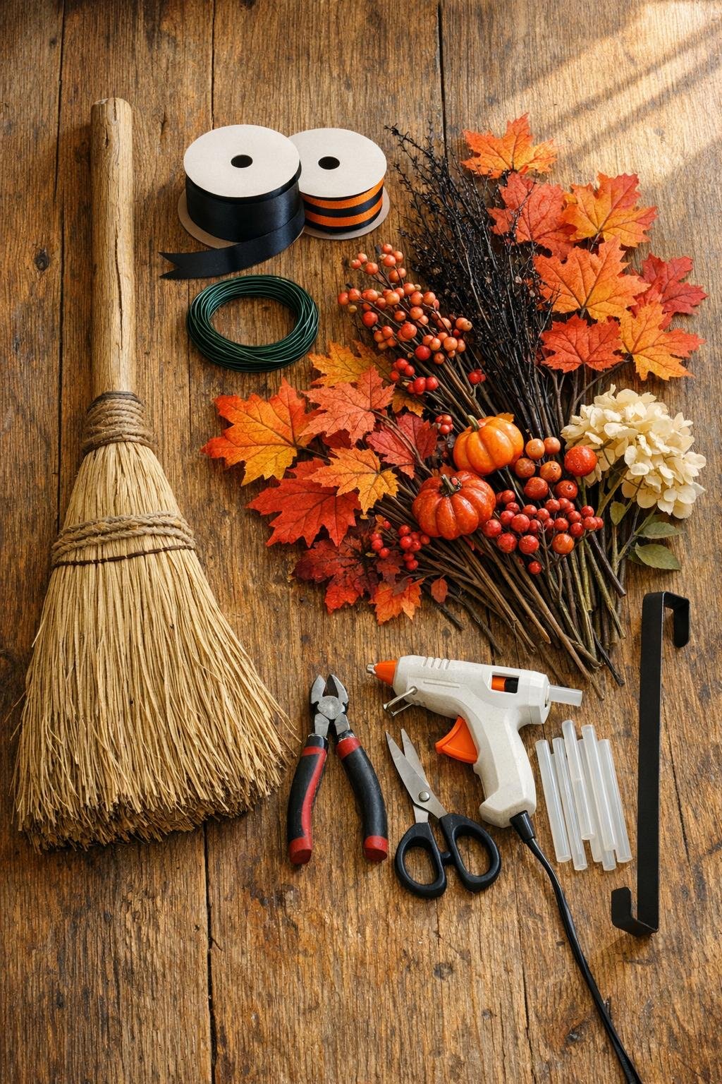 Materials for a witch broom door swag laid out on a table