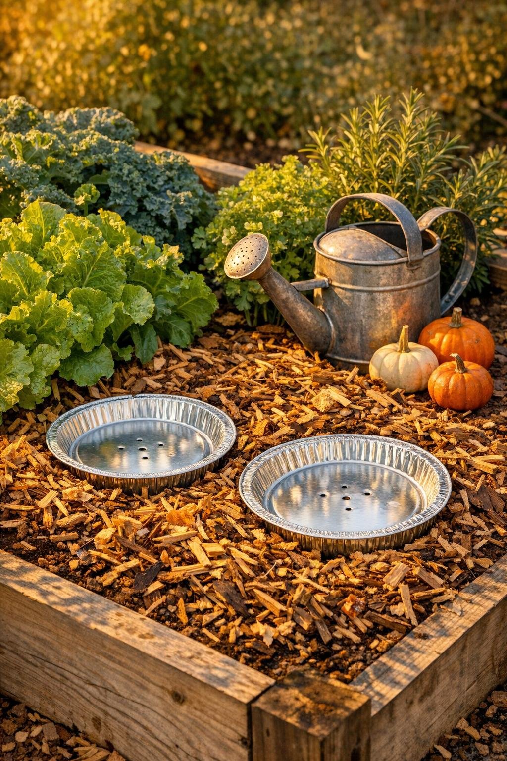 Completed raised bed moisture trap made from aluminum pie tins and mulch