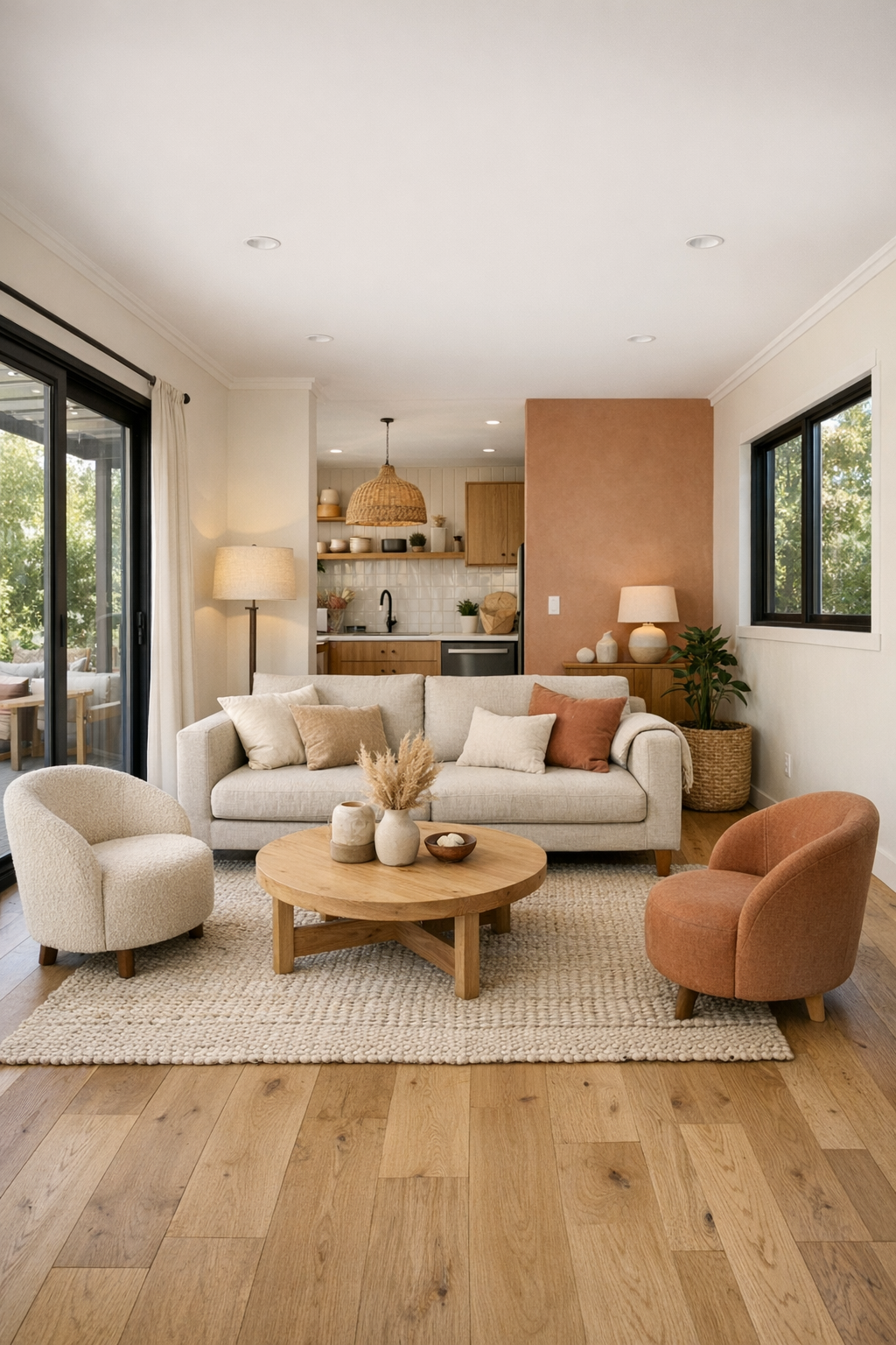 Warm accessible living room with pale terracotta accents and oak floors