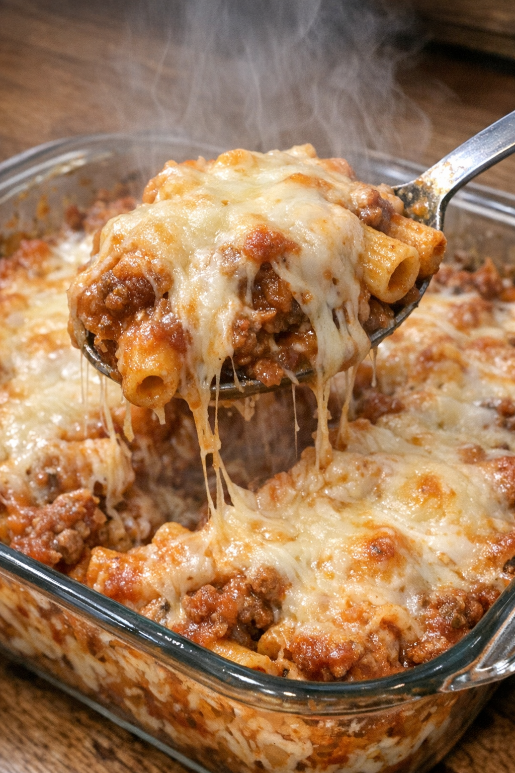 Baked pasta in a glass casserole dish with melted cheese and rich sauce