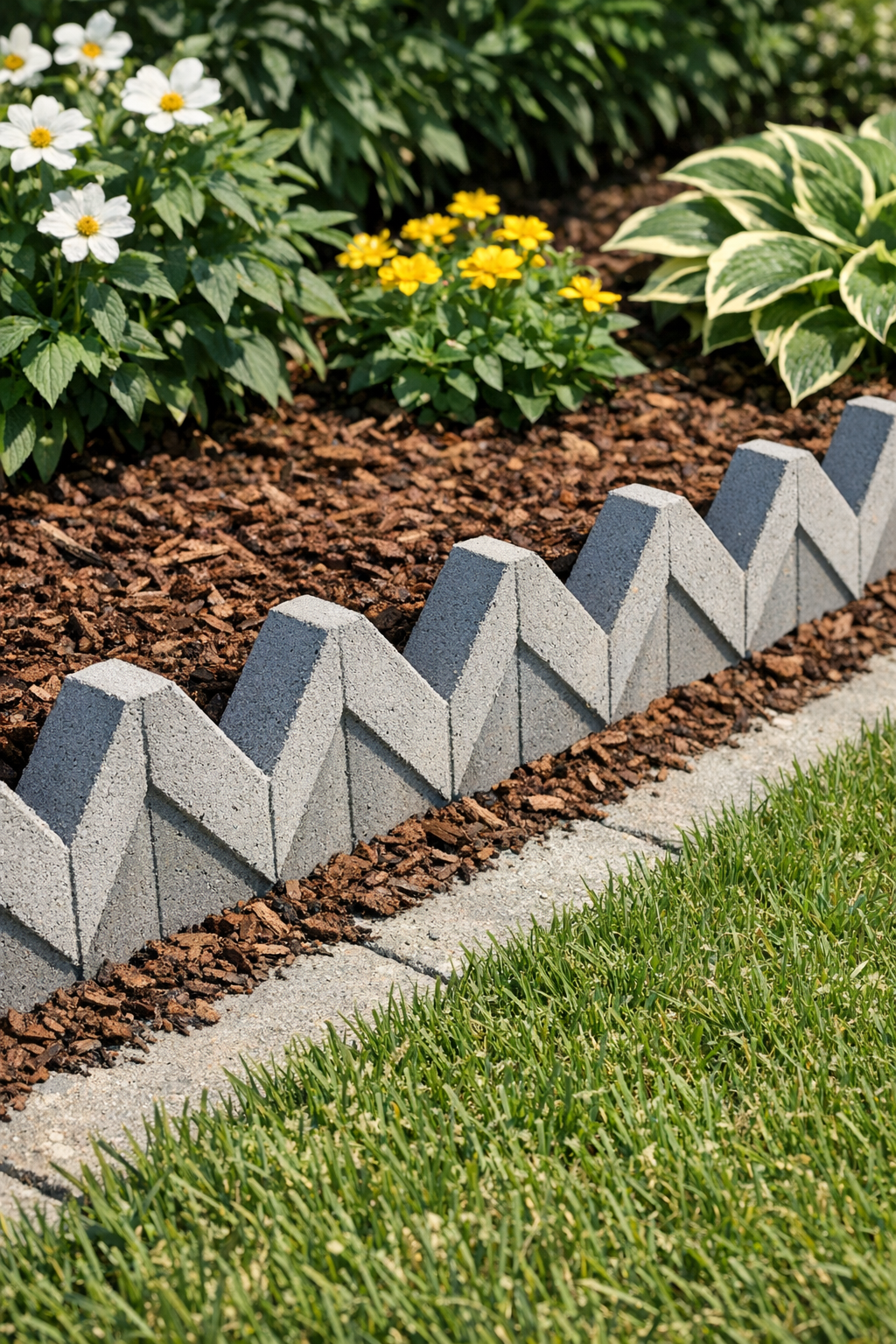 Finished zig-zag cement garden edging installed along a flower bed