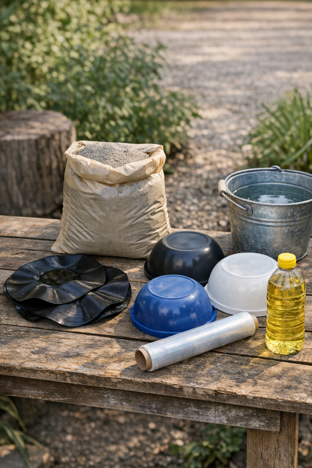 Materials for making cement basins from vinyl records laid out on a worktable