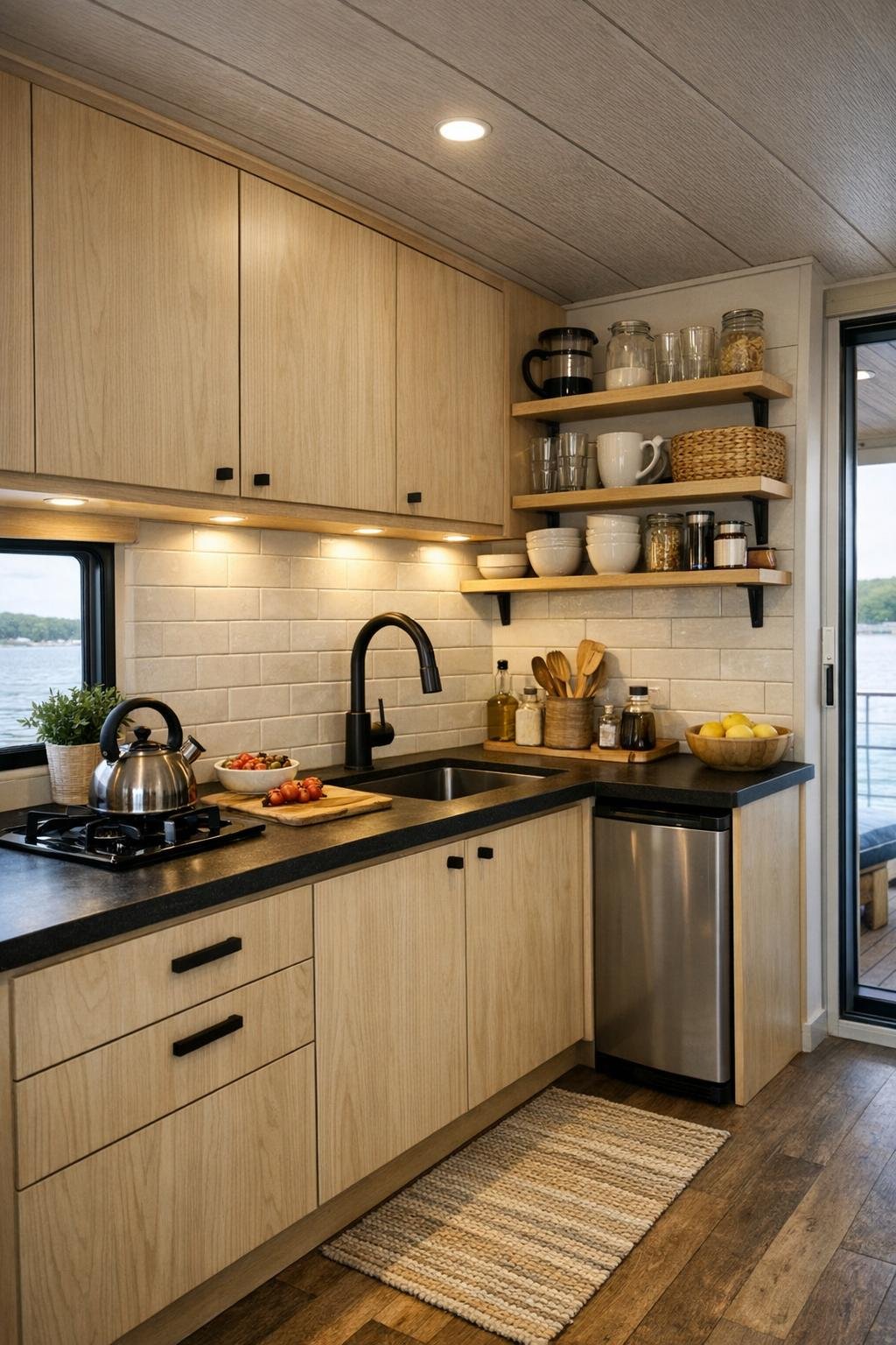 Compact galley kitchen in a houseboat with pale wood cabinets and warm lighting