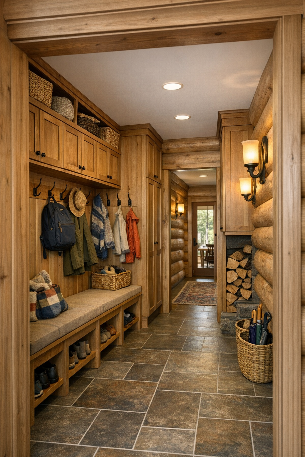 Log home mudroom and hallway with built-in storage, a bench, and warm wood finishes