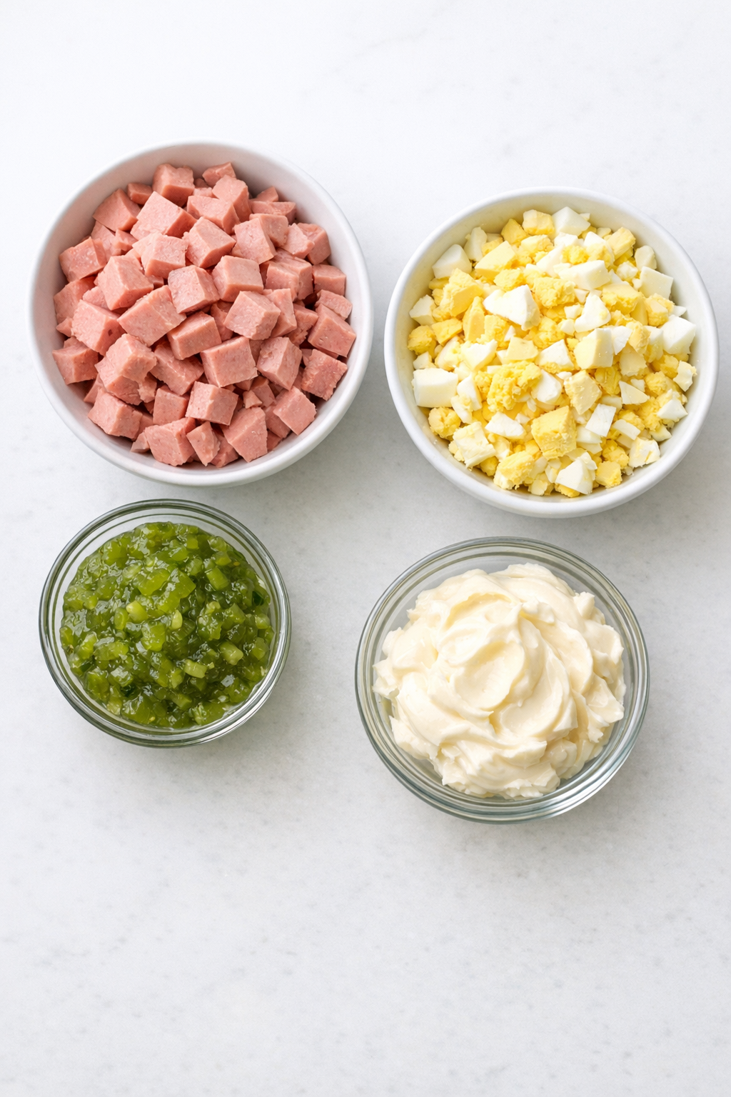 Measured ingredients for bologna salad