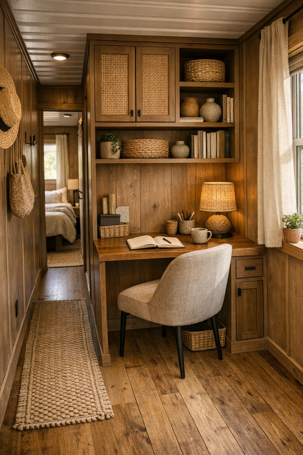 Warm multifunctional nook with built-in storage, desk area, and natural textures