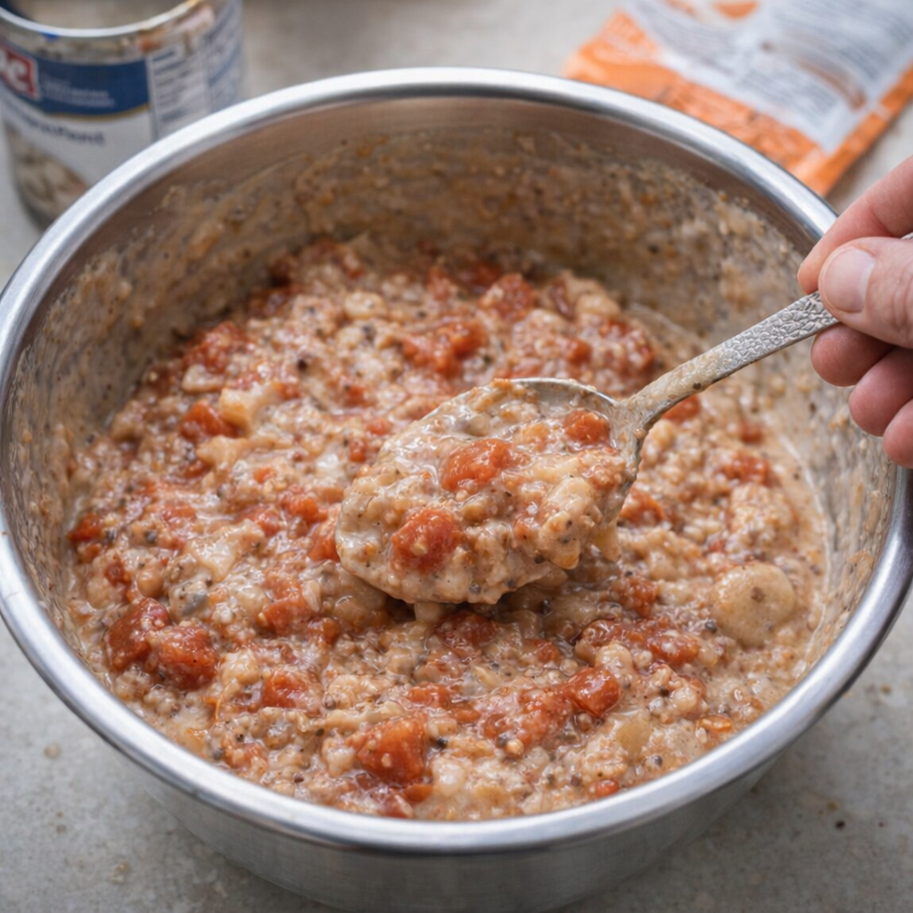 Soup and tomato mixture being stirred in a bowl