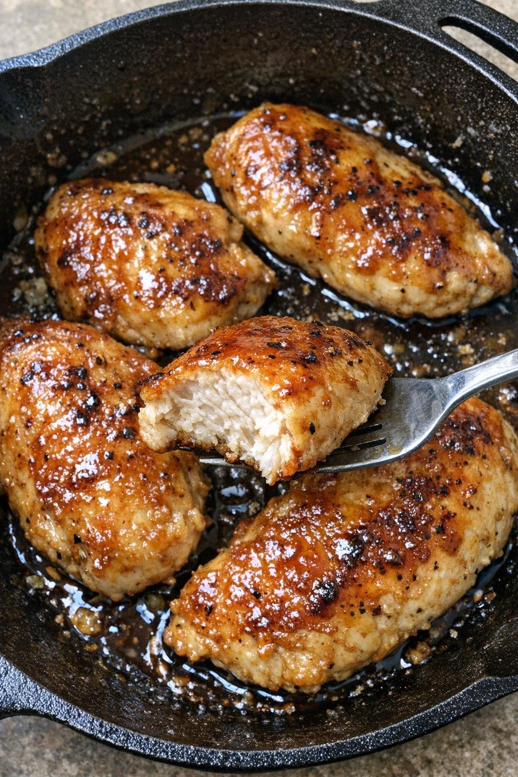 Golden glazed chicken breasts in a cast iron skillet
