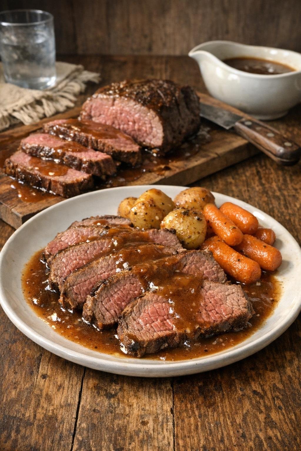 Finished plated sliced beef roast with gravy