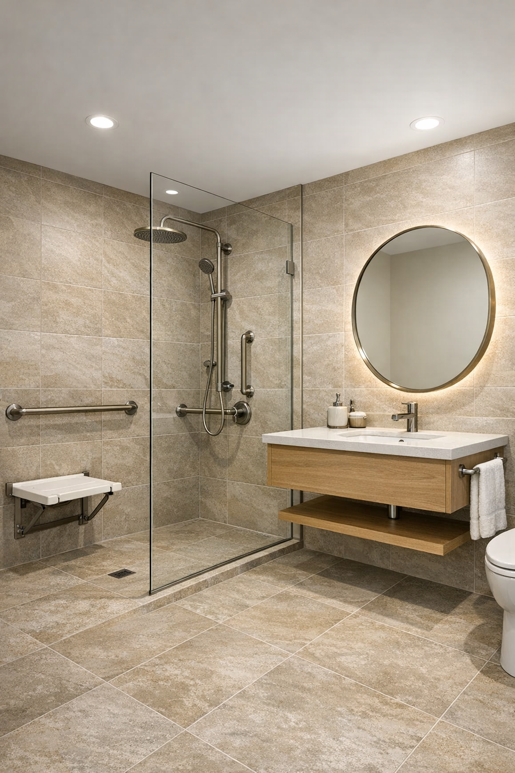 Warm stone-toned accessible bathroom with curbless shower and floating vanity