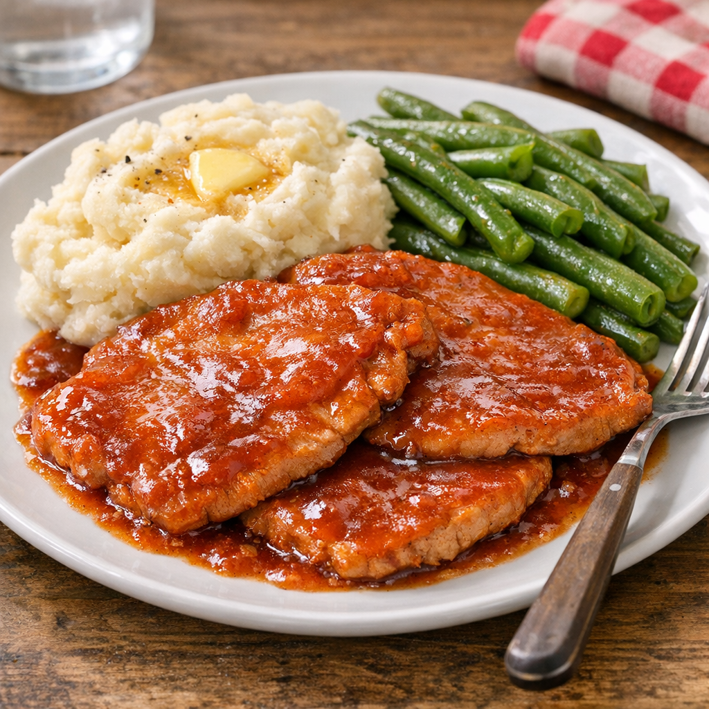 Finished slow cooker vintage summer pork chops plated with sauce