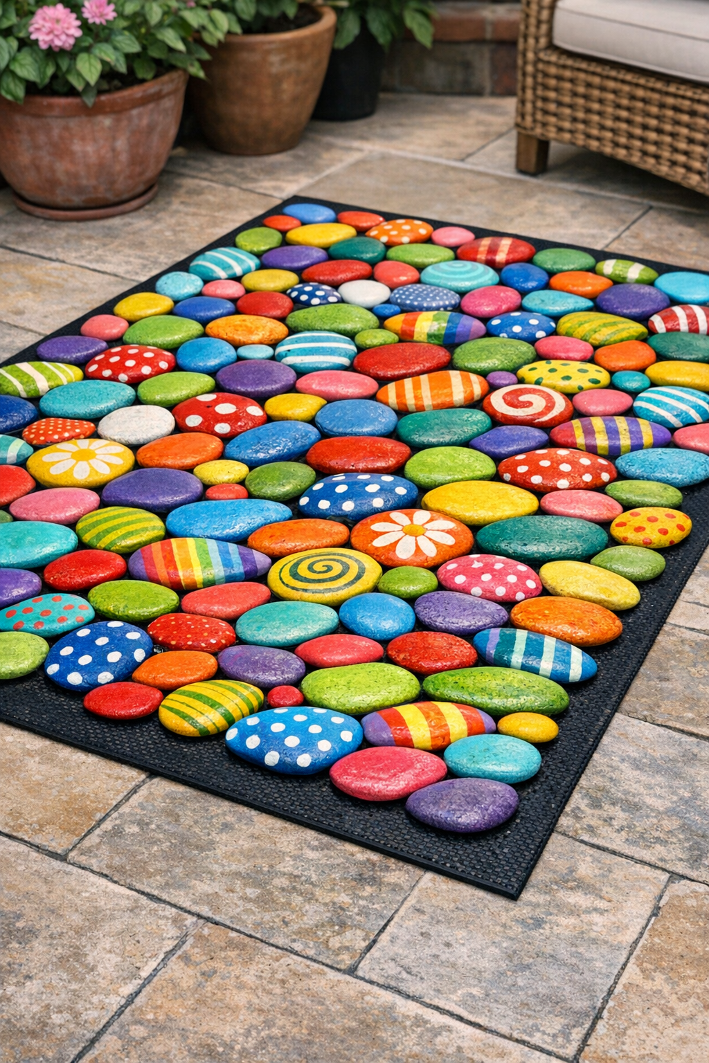 Finished colorful painted river rock patio rug on a backyard patio