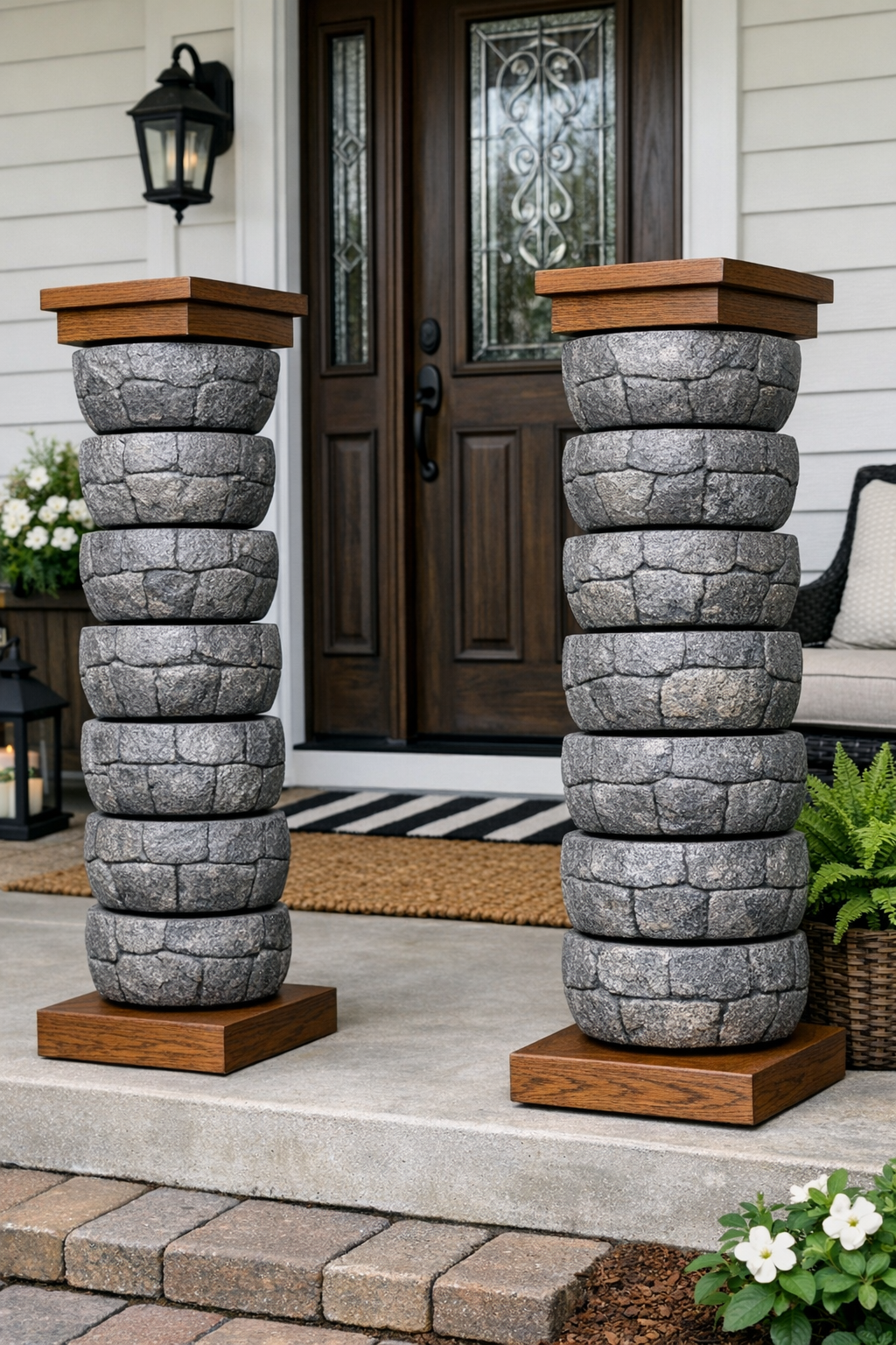 Completed faux stone porch pillars made from painted plastic bowls