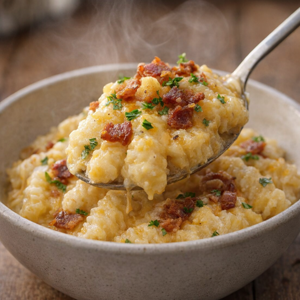Cheesy potatoes served in a bowl with bacon