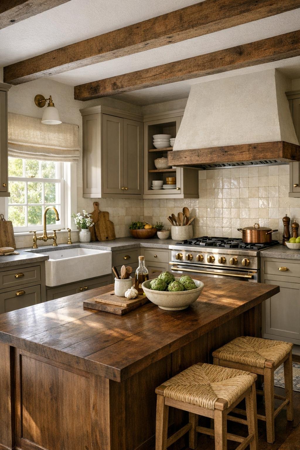 Thoughtful cottage kitchen with mushroom cabinets, stone counters, and a wood island