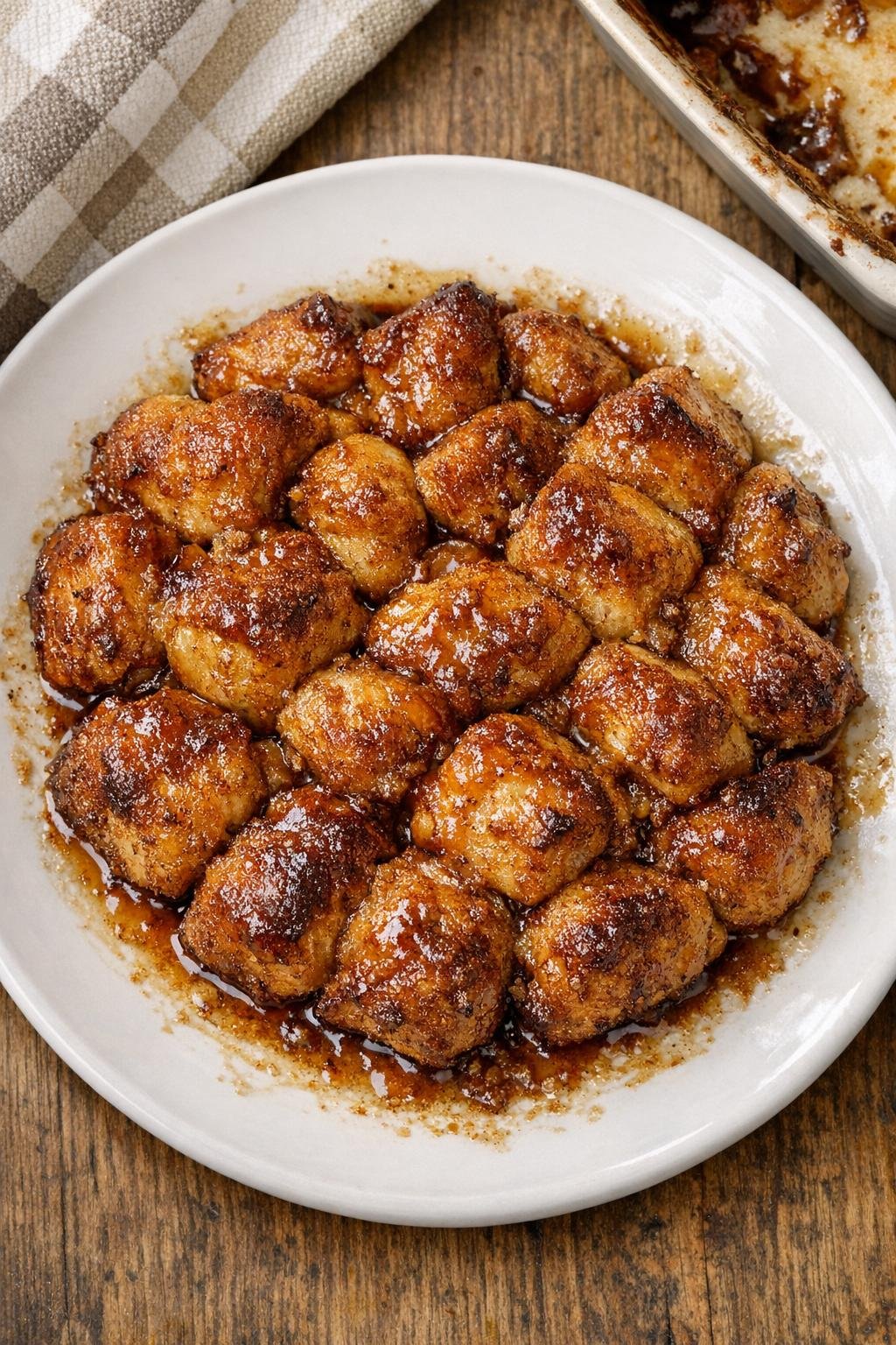 Baked biscuit dough dessert in a ceramic casserole dish