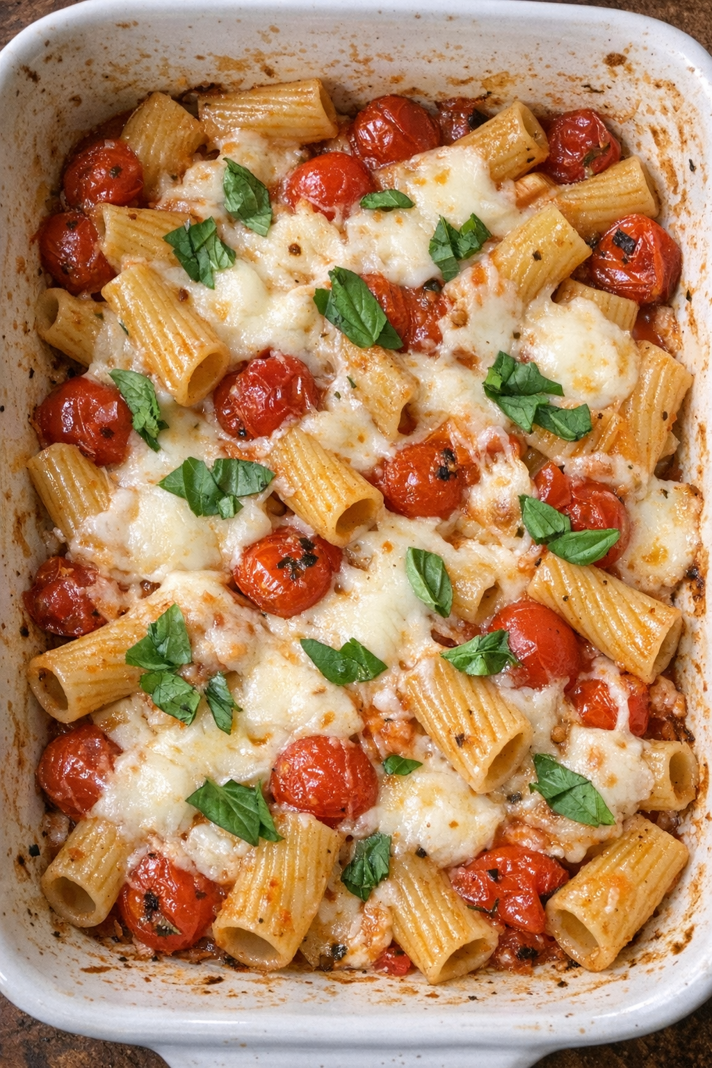 Baked rigatoni with burst cherry tomatoes and melted mozzarella in a ceramic baking dish