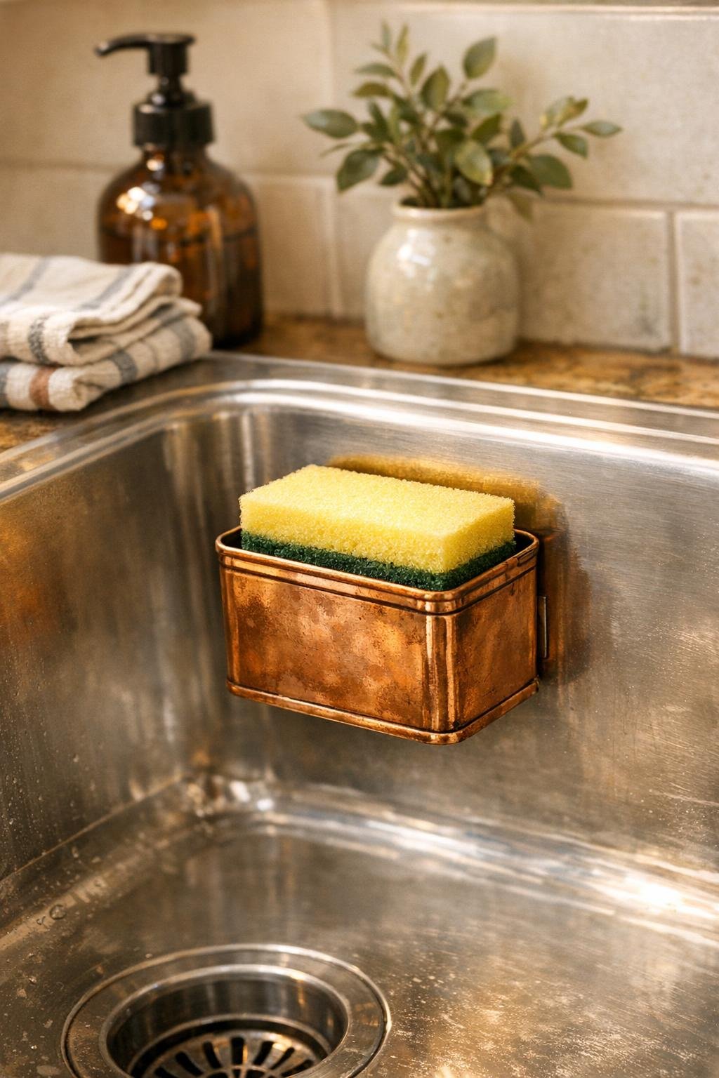 Finished magnetic sponge holder attached to a stainless steel sink