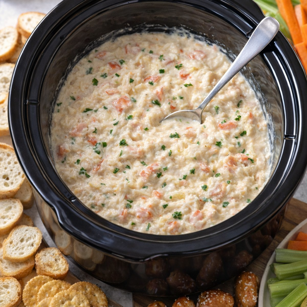 Warm crab butter dip in a slow cooker with bread and crackers nearby