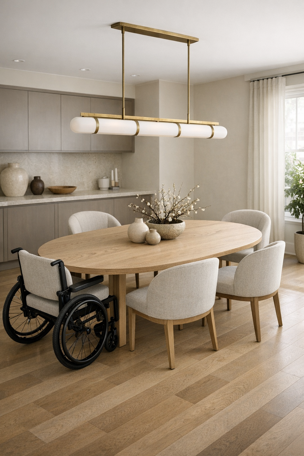 Modern dining room with an oval ash table, upholstered chairs, a brass pendant, and a built-in sideboard