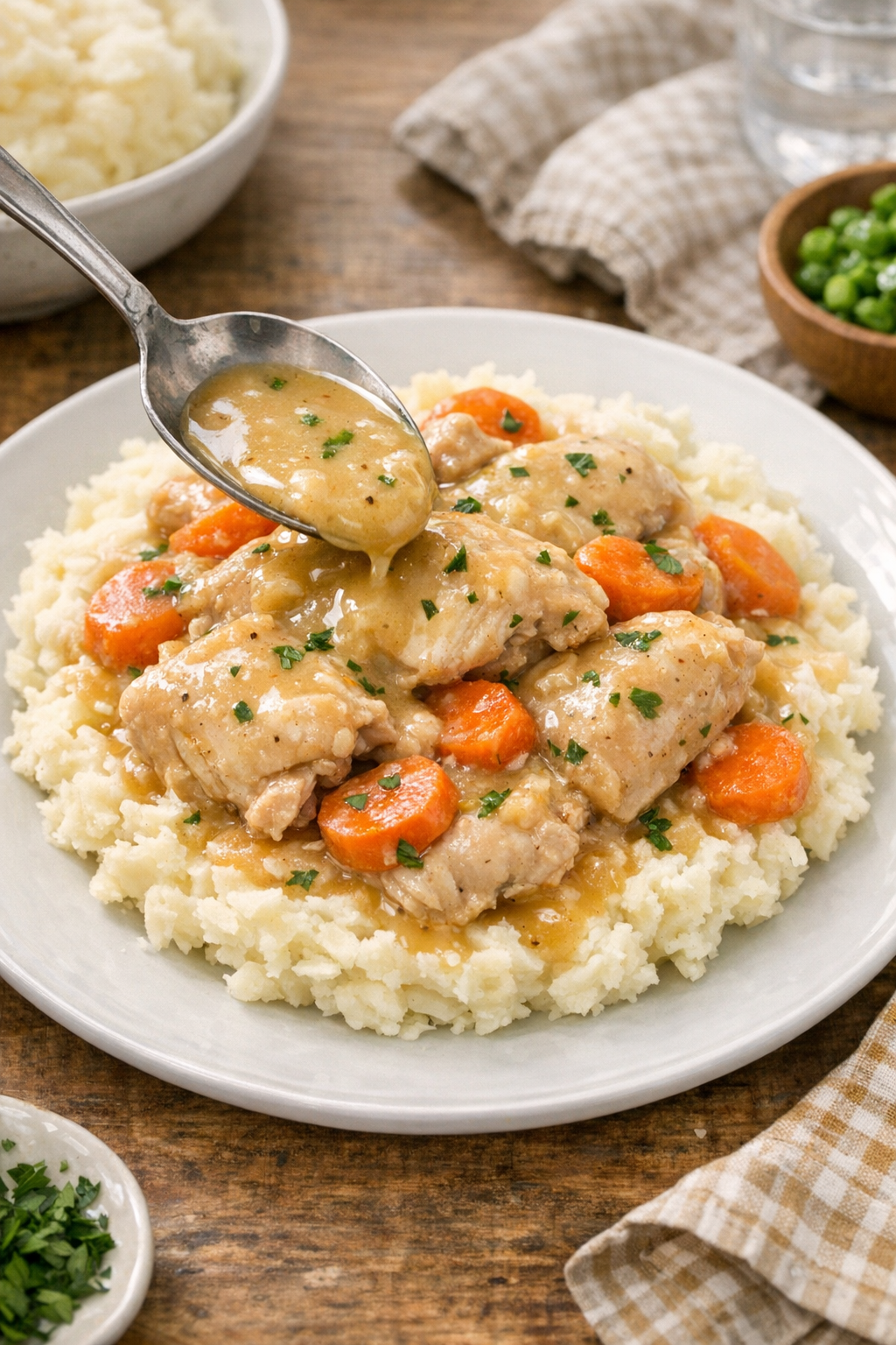 Plated slow cooker chicken supper with gravy