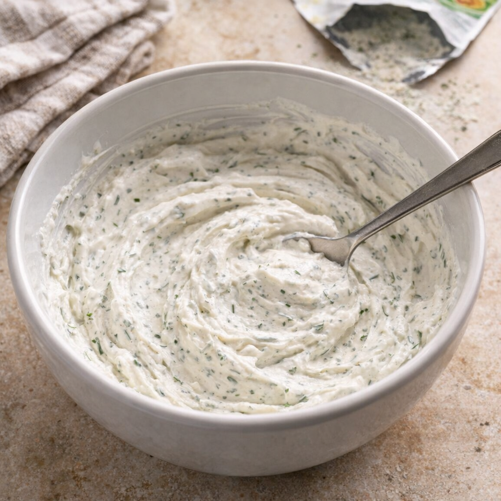Cream cheese and ranch mixture being stirred in a bowl