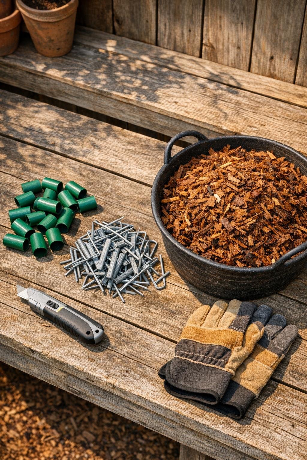 Old garden hose pieces, landscape staples, and mulch laid out on a potting bench