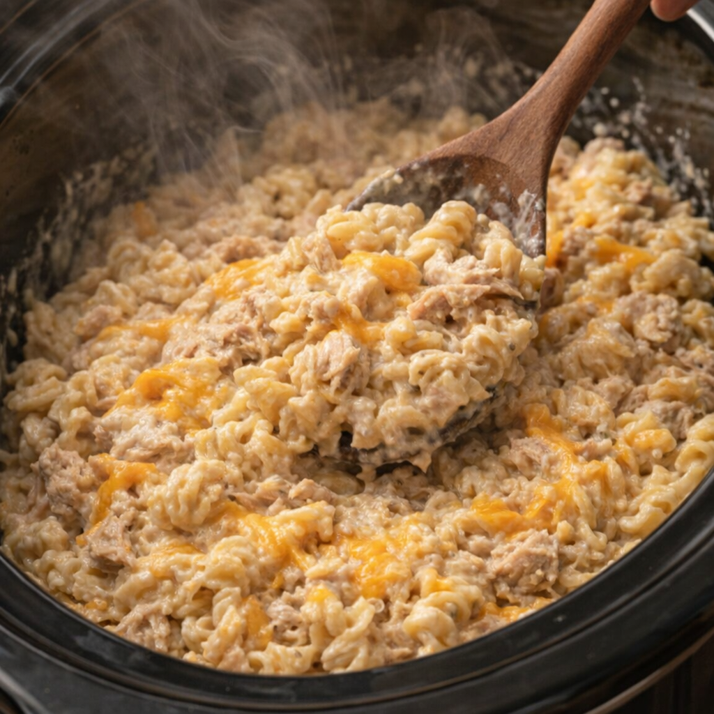Cooked tuna casserole being stirred inside the slow cooker