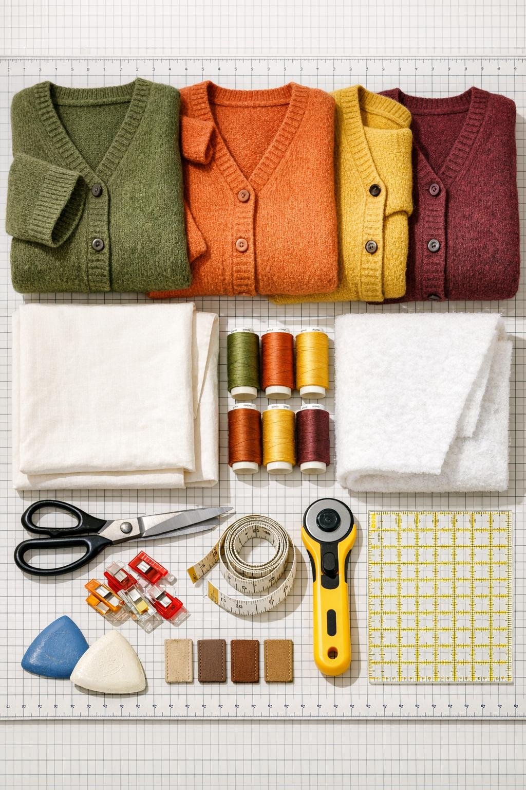 Old wool cardigans and sewing materials laid out for making fabric storage bins