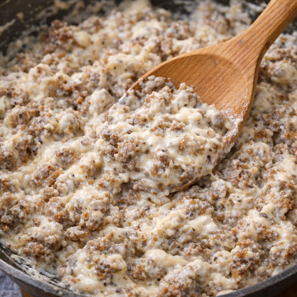 Creamy sausage filling mixed together in a skillet