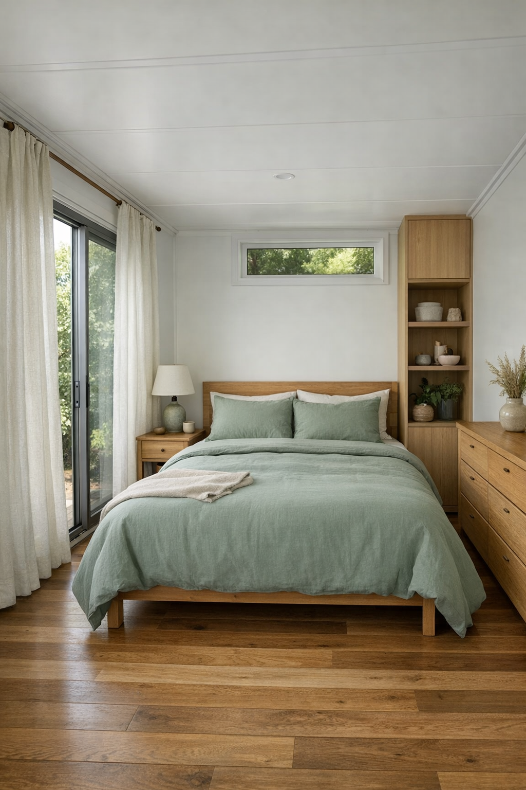 Quiet bedroom with sage textiles, warm wood furniture, and soft natural light