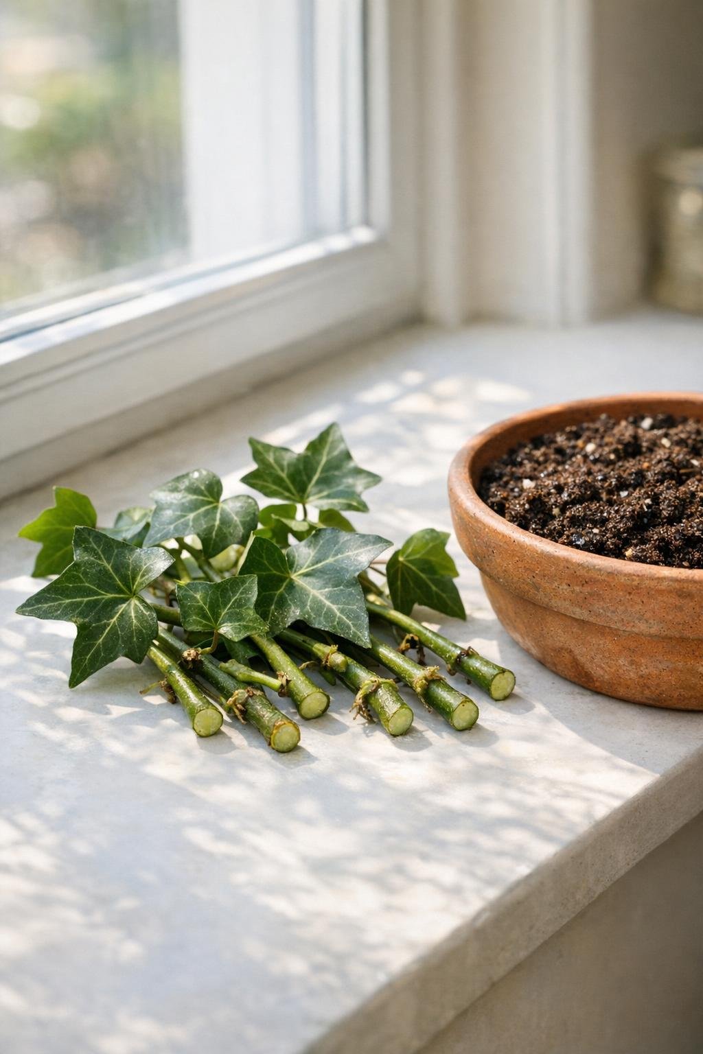 English ivy cuttings arranged for rooting