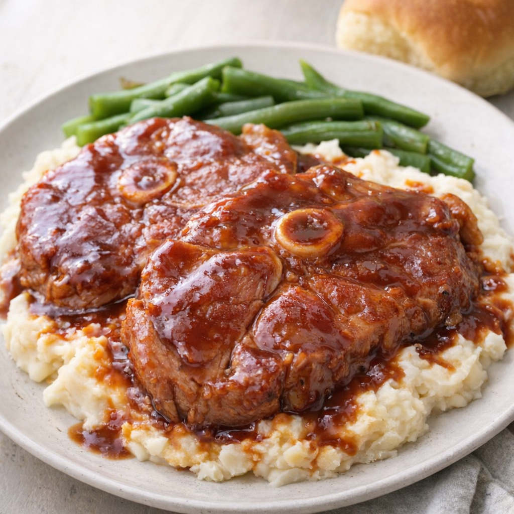 Slow cooker BBQ pork steaks served with mashed potatoes