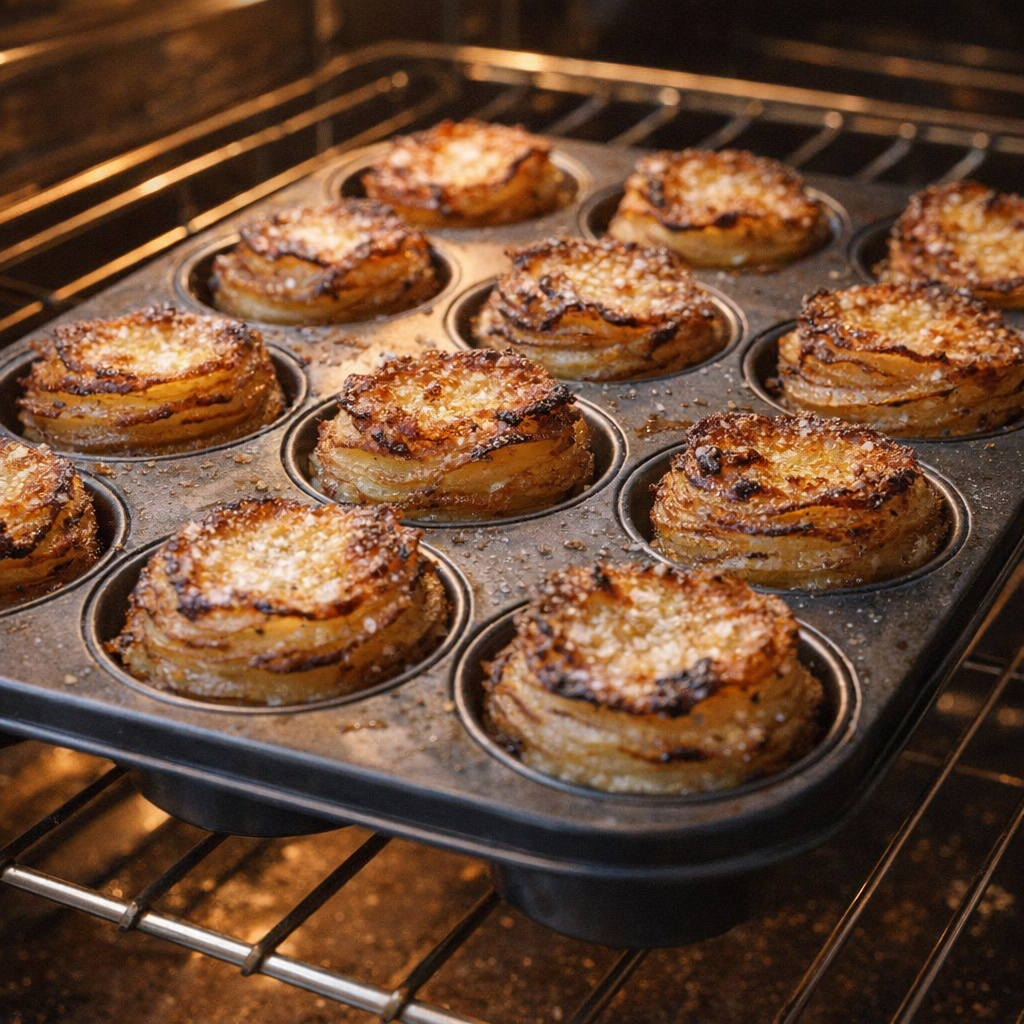 Golden potato stackers fresh from the oven