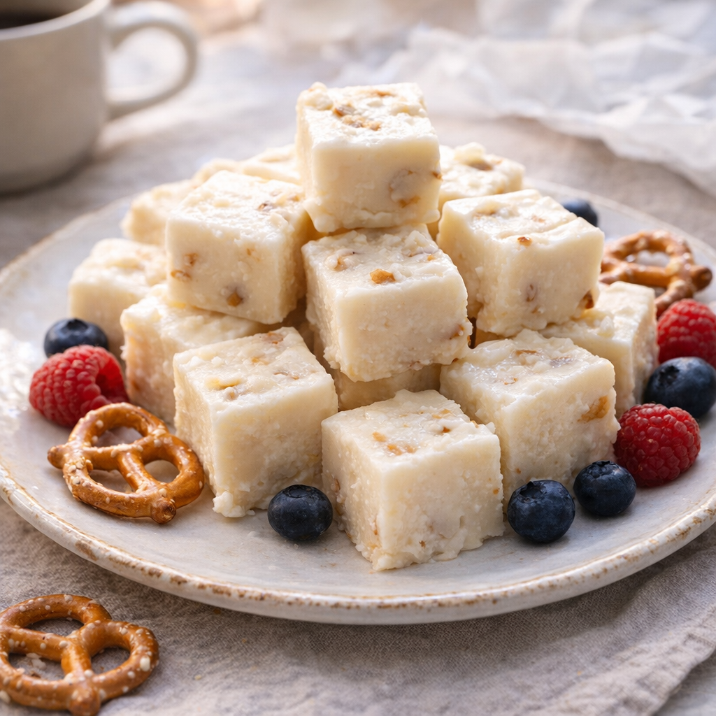 Plate of white fudge squares with pretzels and berries