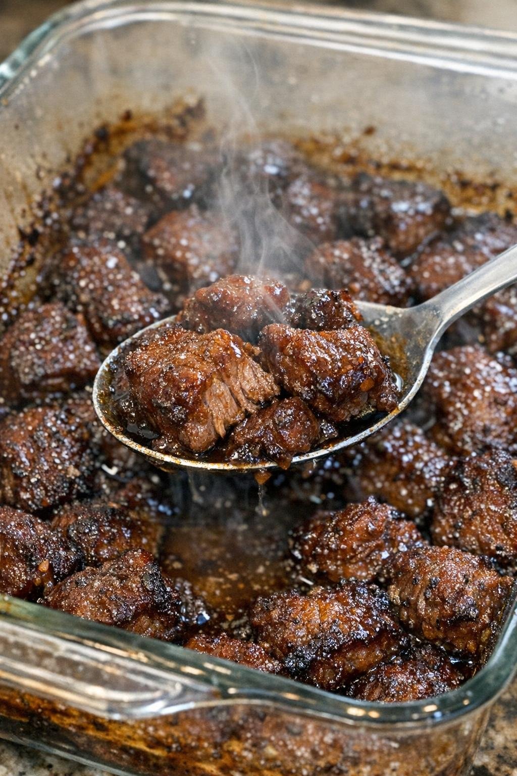 Savory beef bites with caramelized edges in a glass baking dish