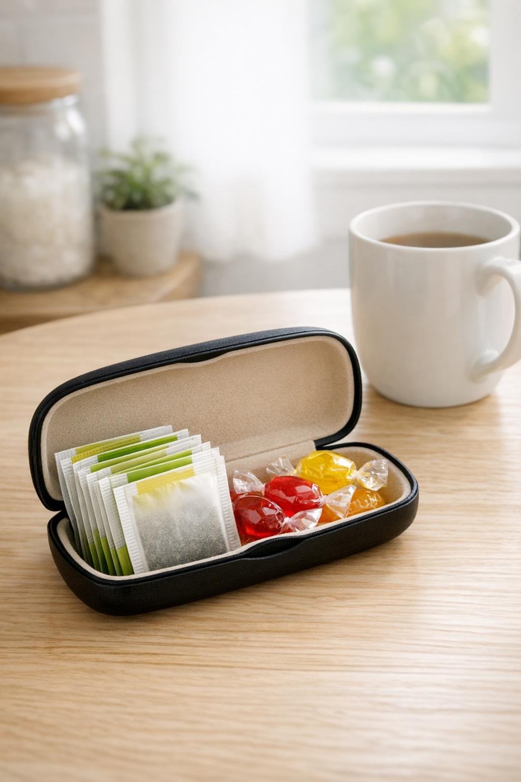 Eyeglass case storing tea bags and wrapped candies