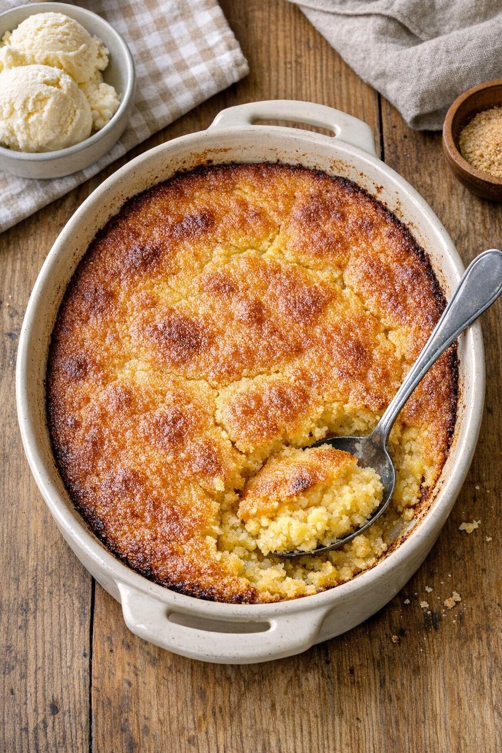 Finished baked cornmeal dessert in casserole dish