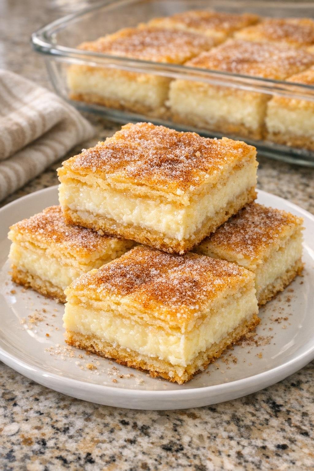 Finished sopapilla cheesecake bars on a plate