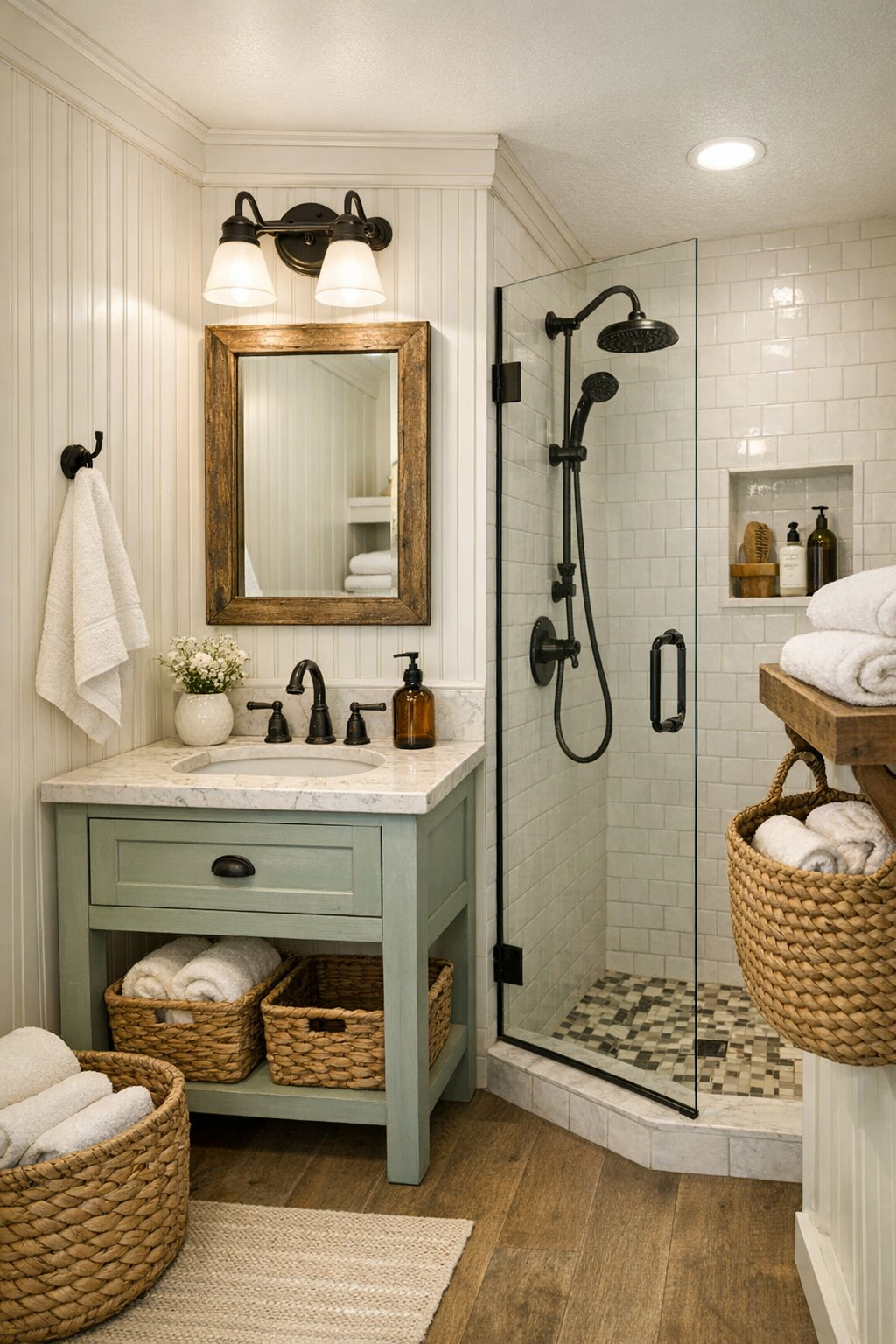 Charming tiny home bathroom with beadboard walls, a painted vanity, and a clean tiled shower