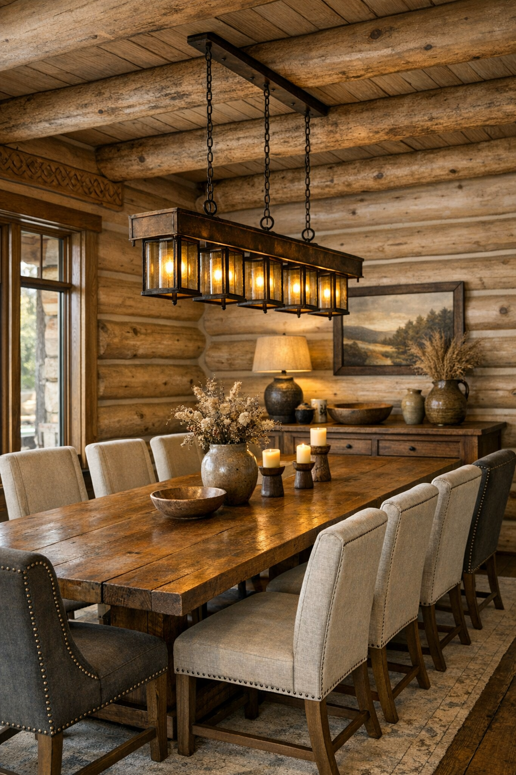 Dining room with solid wood table, upholstered chairs, and warm handcrafted trim