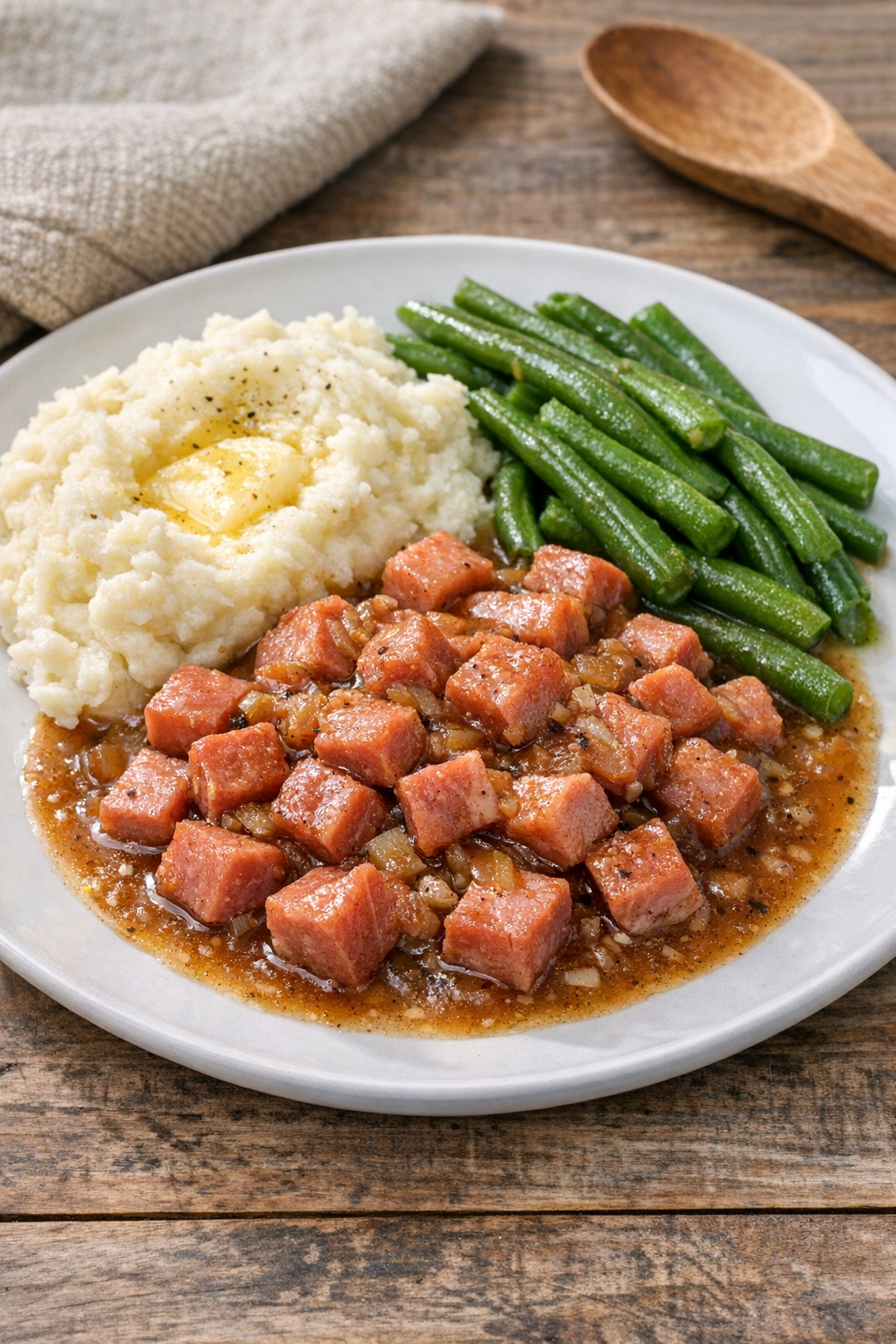Finished slow cooker diced ham plated for dinner